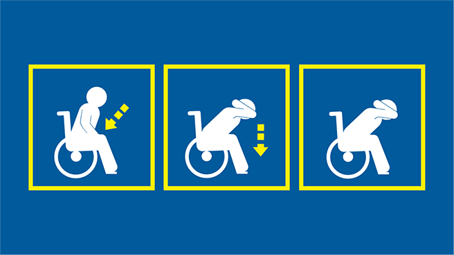 Cartoon person in a wheelchair doing Lock, Cover and Hold